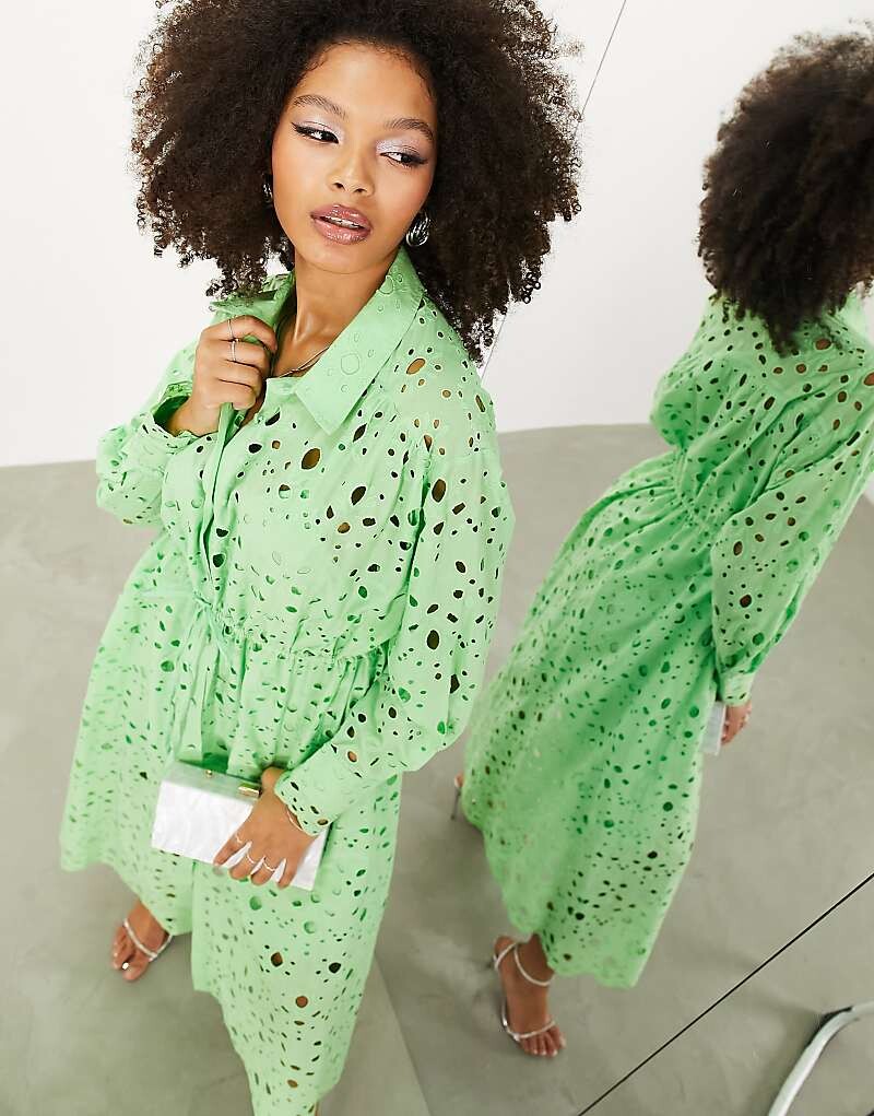 

ASOS EDITION – Светло-зеленое платье-рубашка миди с длинными рукавами, кружевным узором и кулиской на талии
