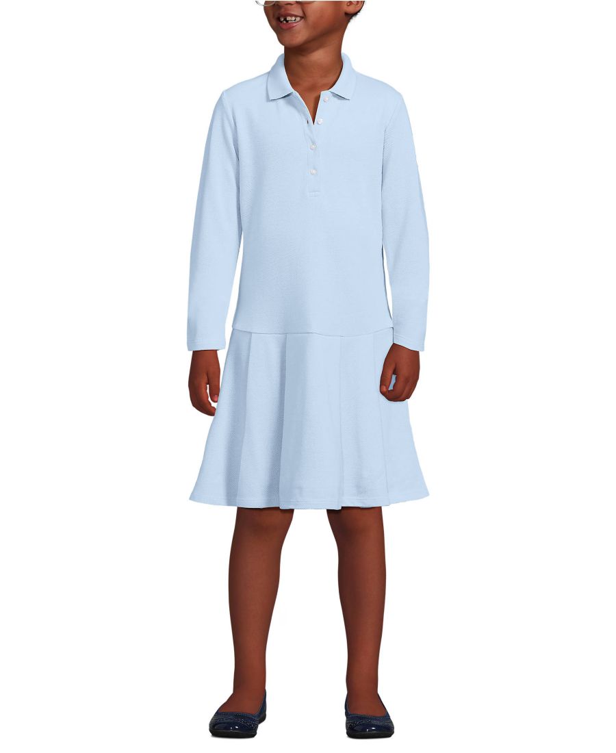 

Школьная форма для девочек: платье-поло с длинными рукавами, сетчатой плиссировкой и рукавами Lands' End, Blue