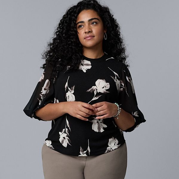 

Топ с рукавами-твист Plus size Simply Vera Vera Wang, Black White Floral