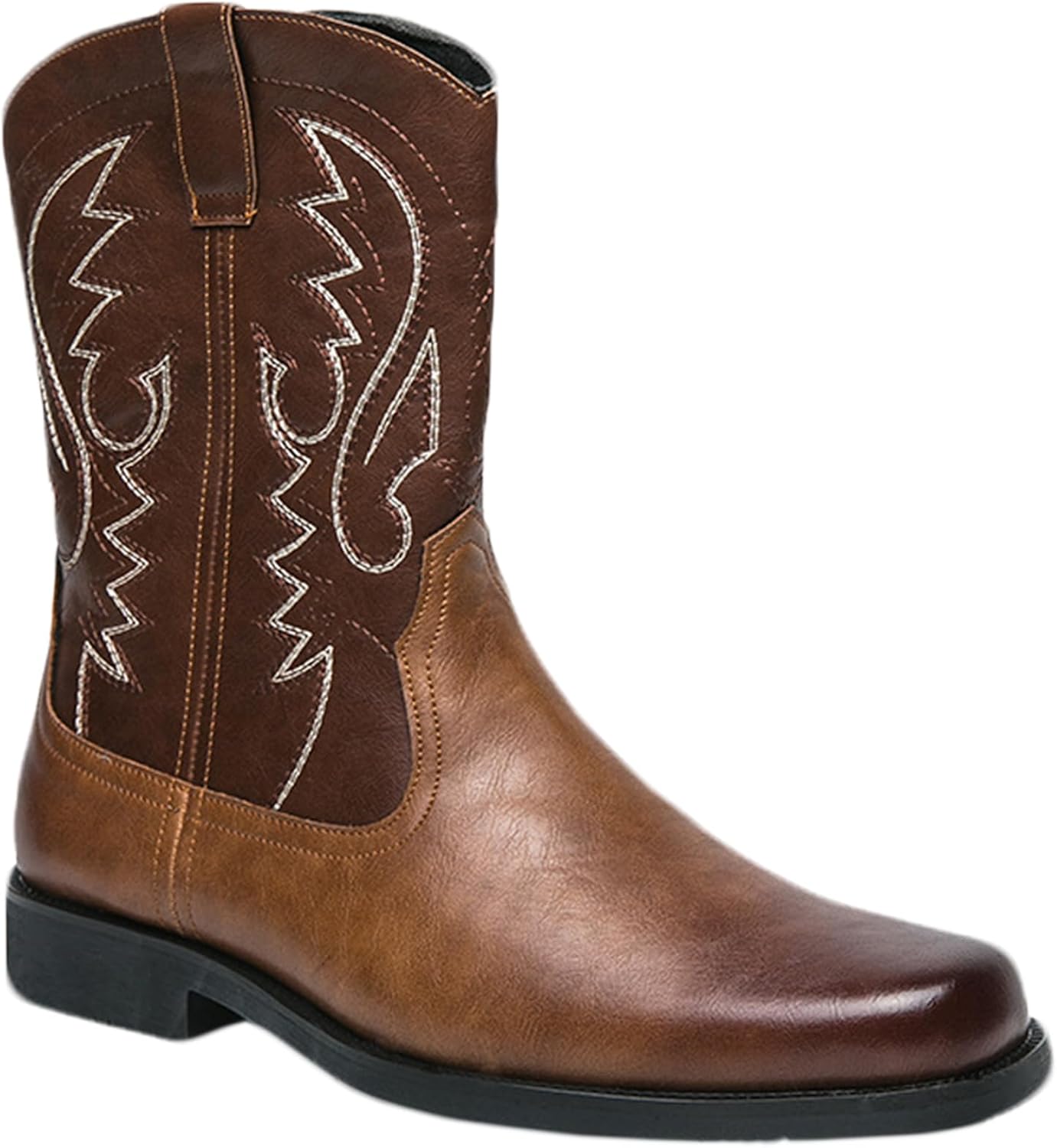 

Ковбойские сапоги JUNQIAKO для мужчин с круглым носком, мужские вестерн-сапоги, классические модные вышитые сапоги до середины голени, костюм для Хэллоуина, темно-коричневый