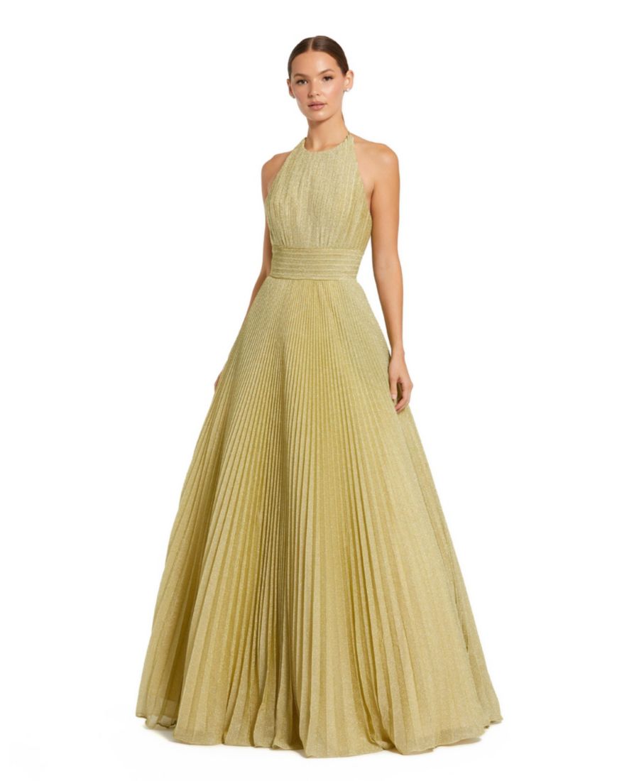 

Женское блестящее плиссированное платье из жоржета с высоким воротником Mac Duggal, Gold