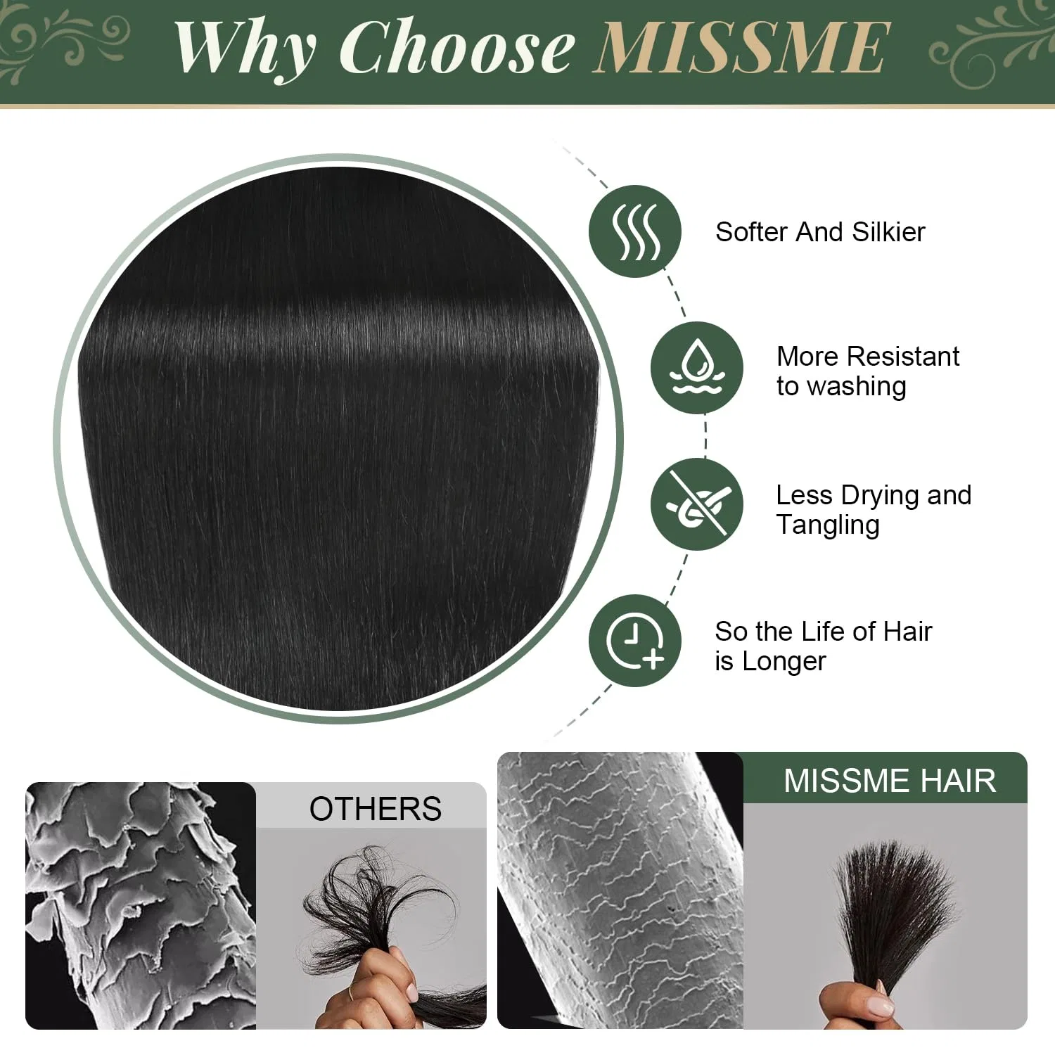 Накладные пряди на лентах из натуральных волос «Remy Hair» 40 см от MissMe Missme, #1 Deep Black — фото 3