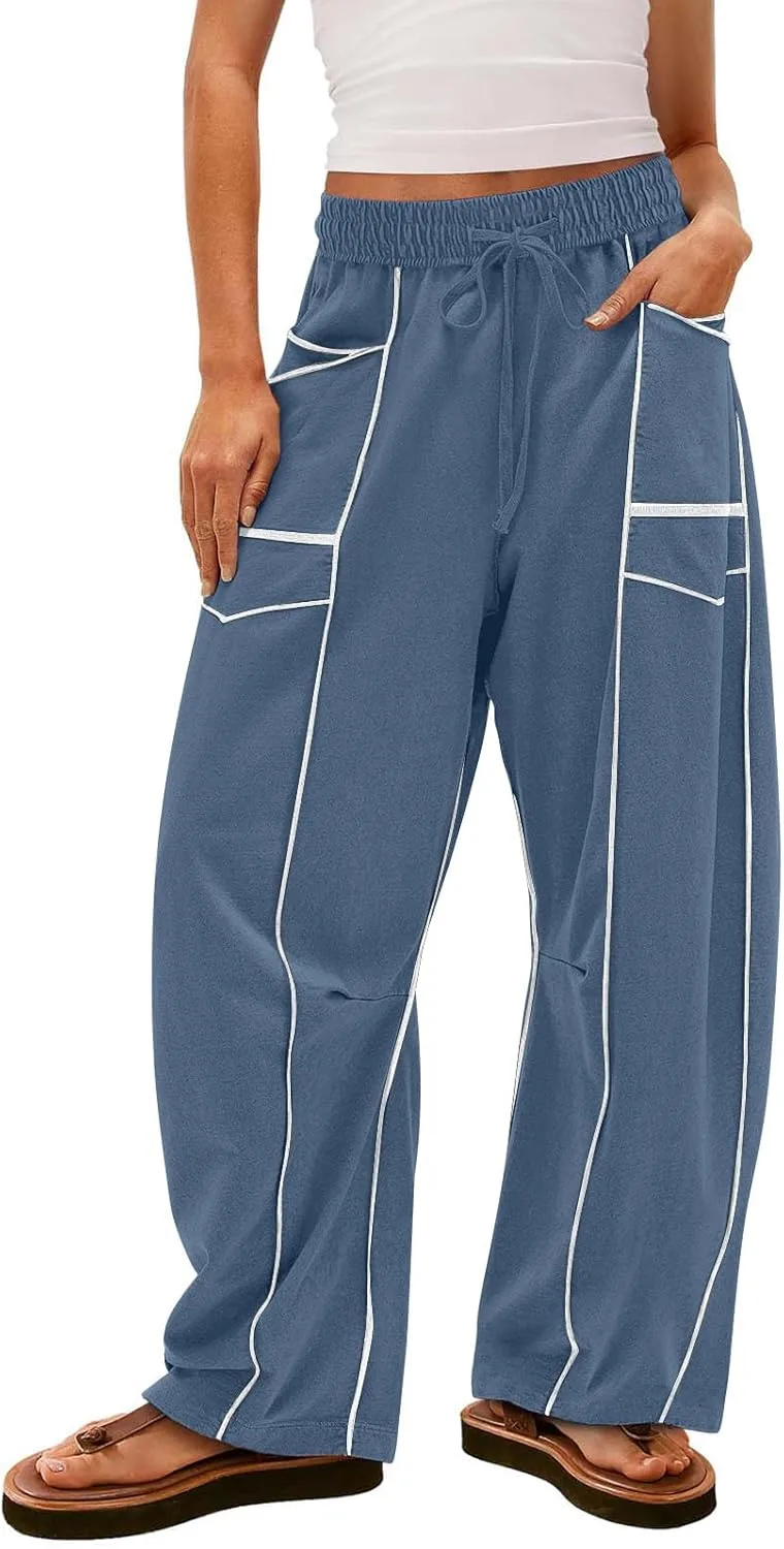 Брюки Brrel Sweatpants женские широкие палаццо с высокой талией, спортивные мешковатые повседневные осенние брюки с карманами Generic, темно-синий