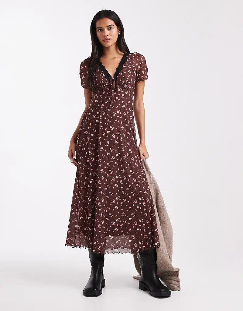 

Платье миди с сетчатой ​​отделкой New Look коричневого цвета с цветочным принтом