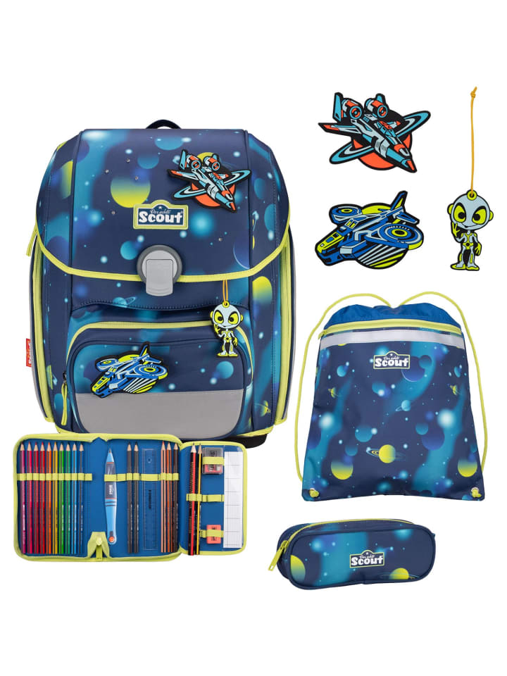 

Scout Гениальный набор школьных рюкзаков со светодиодной подсветкой, 4 предмета, дизайн «Планеты» в синем цвете