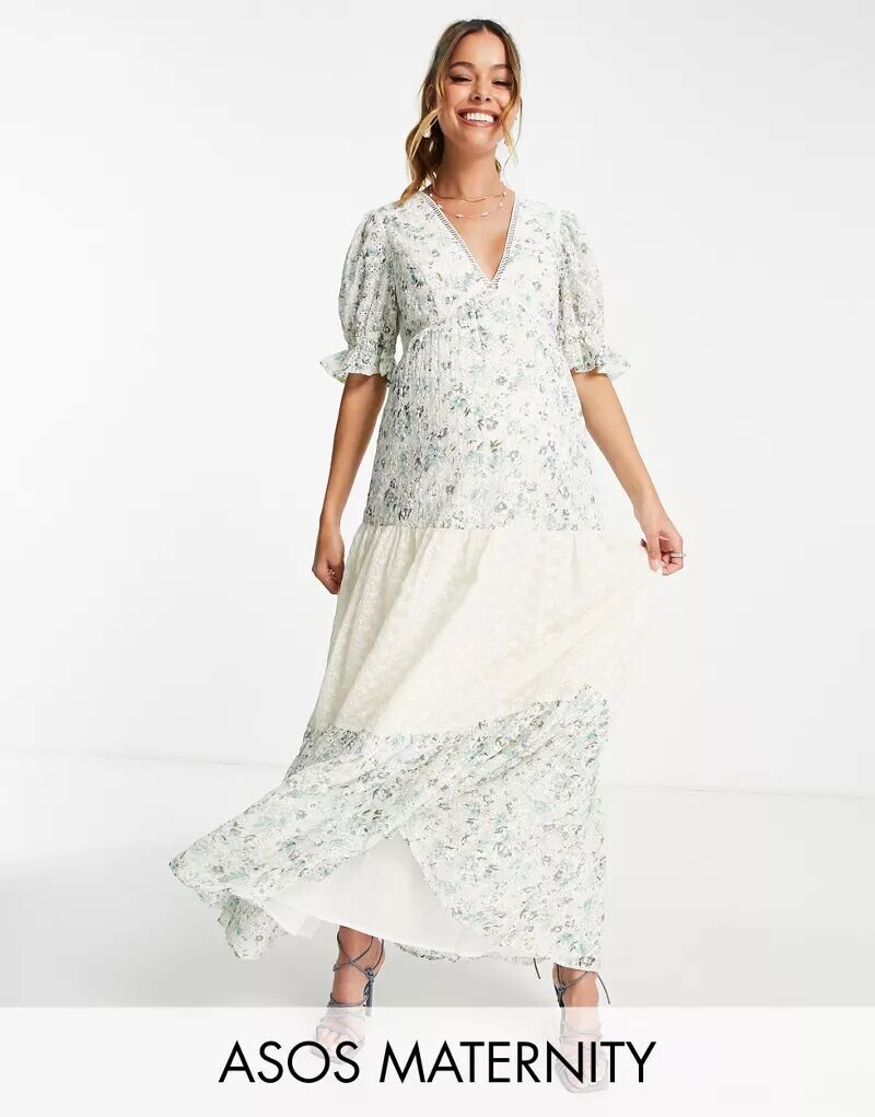 

Многоярусное повседневное платье миди ASOS DESIGN Maternity с английской вышивкой и смешанным цветочным принтом
