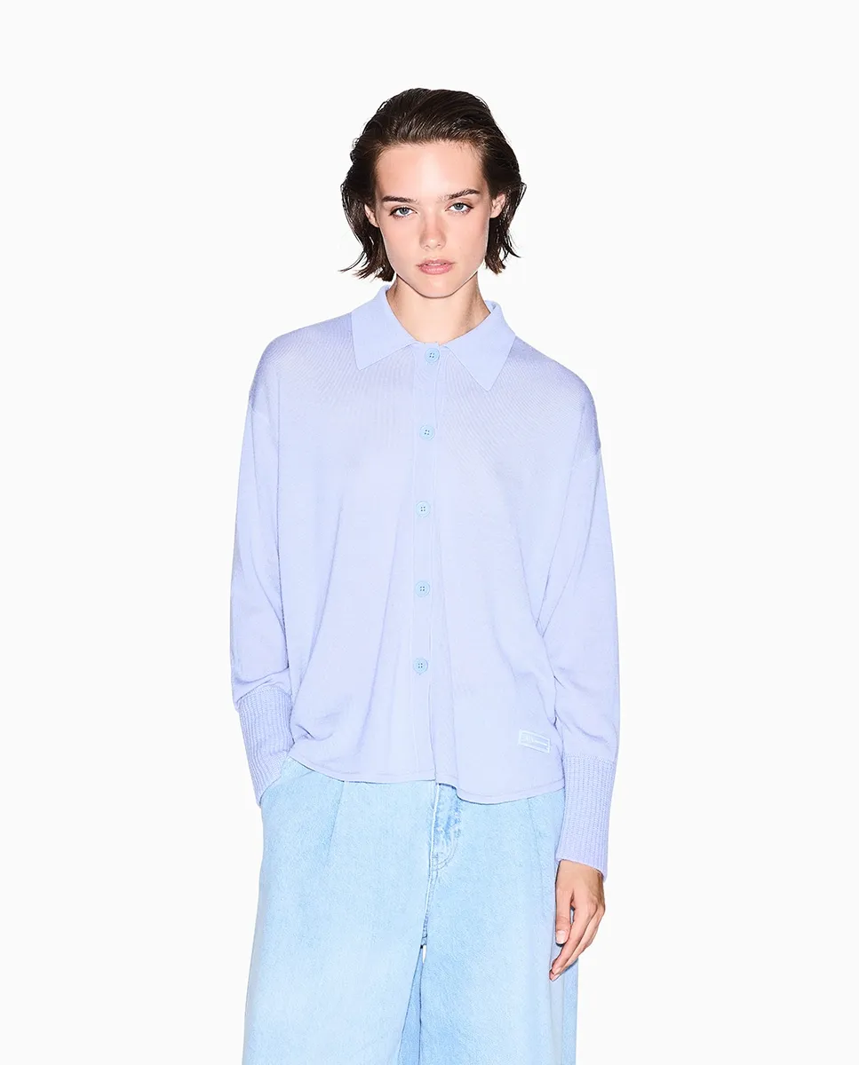 

Женский кардиган с воротником-поло с деталями из шерсти альпака, коллекция Cozy Lab Armani Exchange, светло-голубой