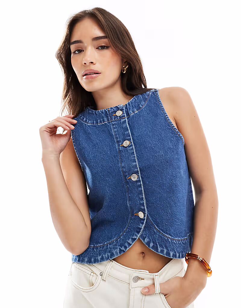 

Джинсовый топ ASOS DESIGN на пуговицах, средне-голубого цвета, с закругленным подолом