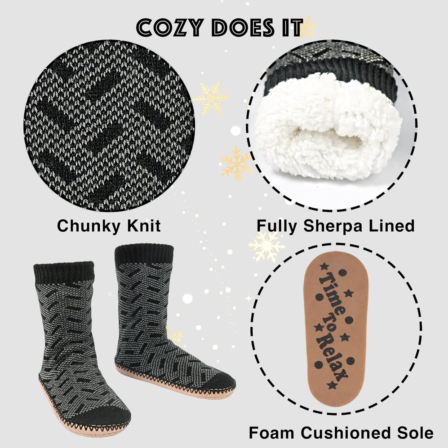 Мужские домашние носки-тапочки Cozylook с флисовой подкладкой, нескользящей подошвой, зимние мягкие толстые теплые тапочки для дома, черный/серый — фото 4