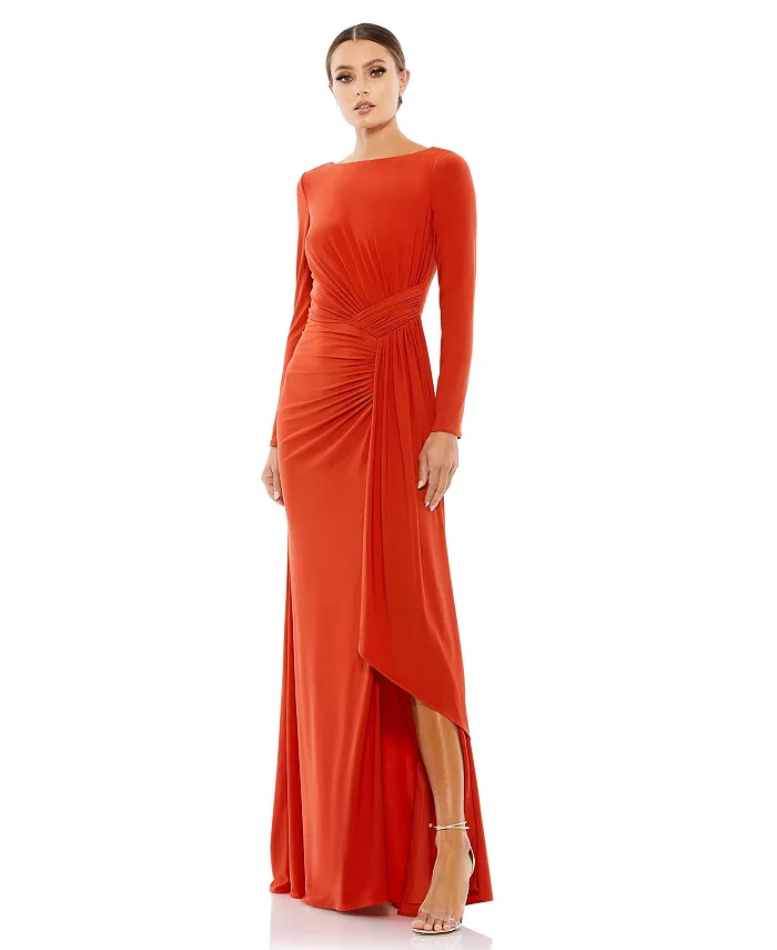 

Женское платье с длинным рукавом и драпировкой на вырезе лодочка Mac Duggal, красный