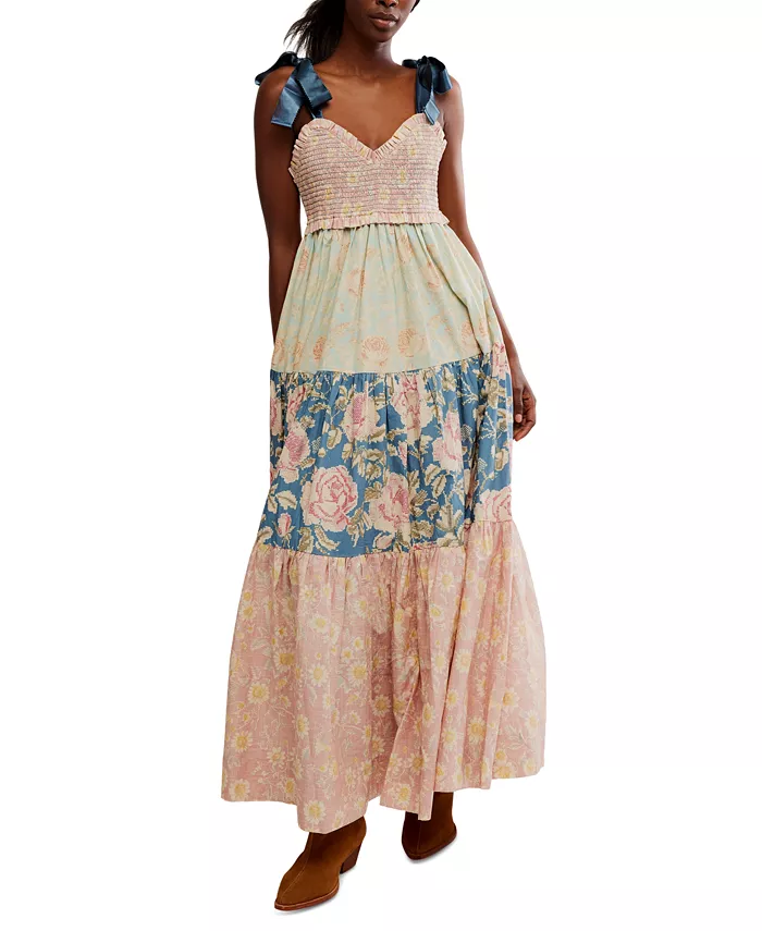 

Женское платье макси Bluebell из хлопка с комбинированным принтом и ярусами Free People, фиолетовый