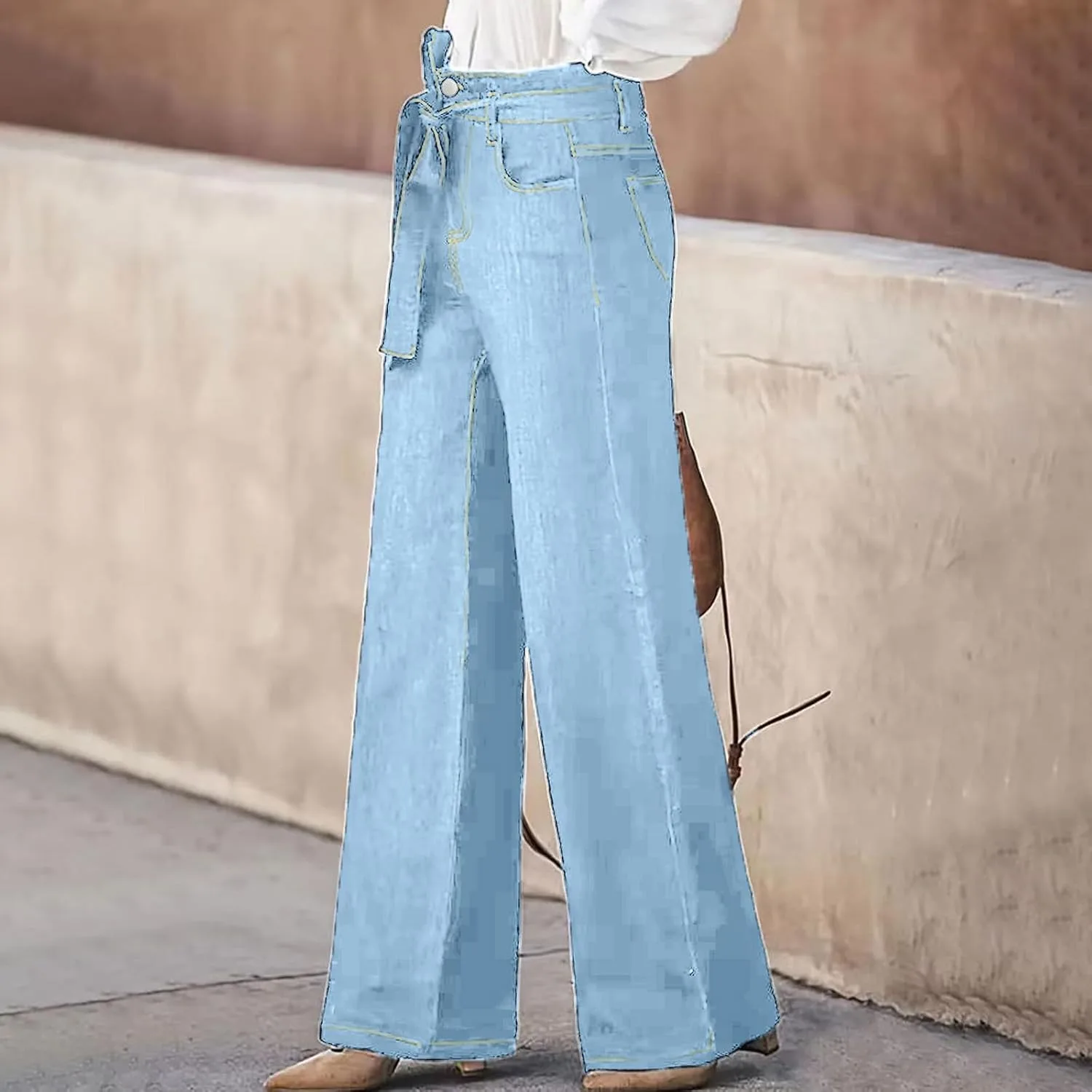 Женские джинсы Casual Wide Leg с высокой посадкой и завязкой — фото 3