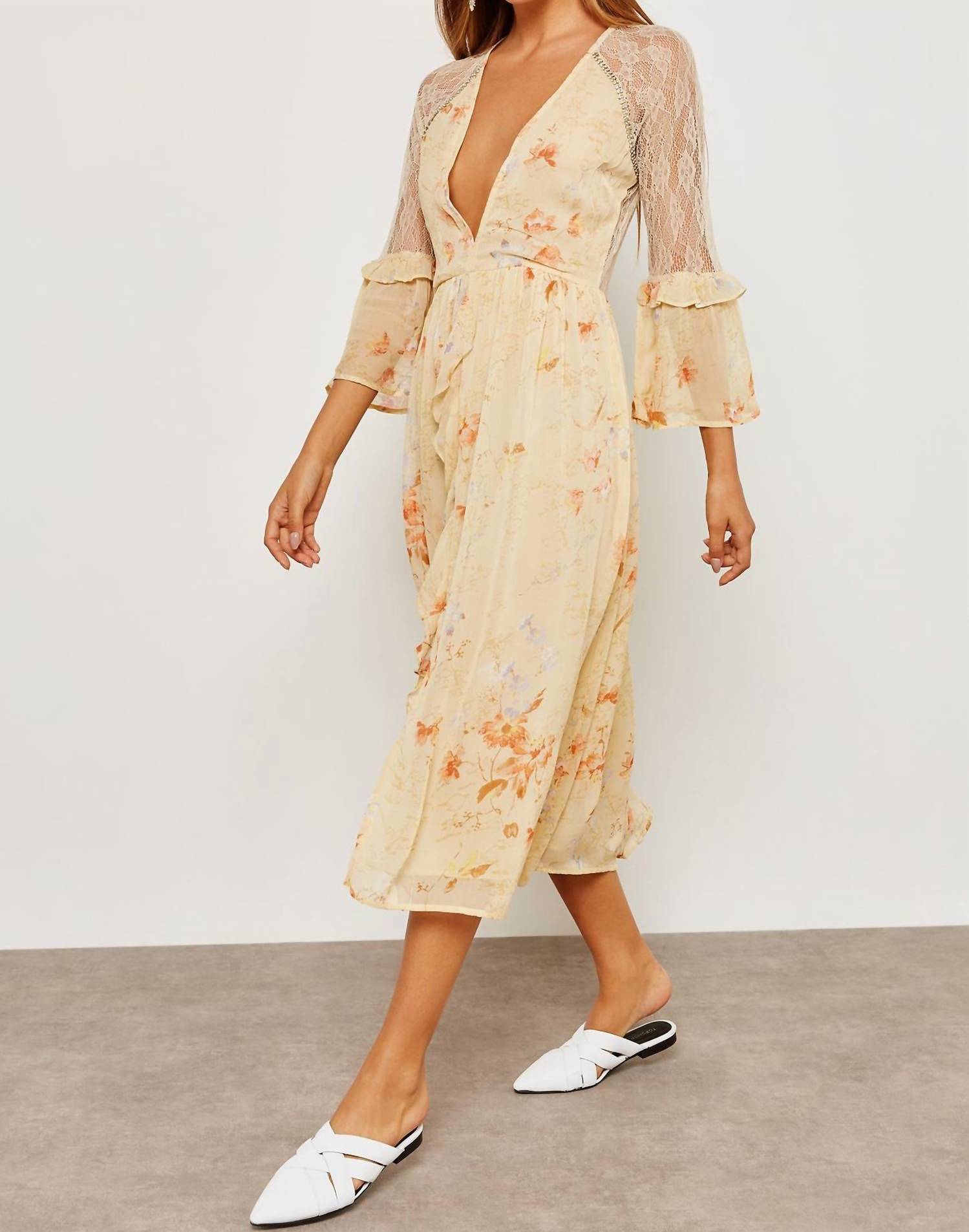 

Платье миди с цветочным принтом, кружевом и стразами, бежевого цвета Topshop
