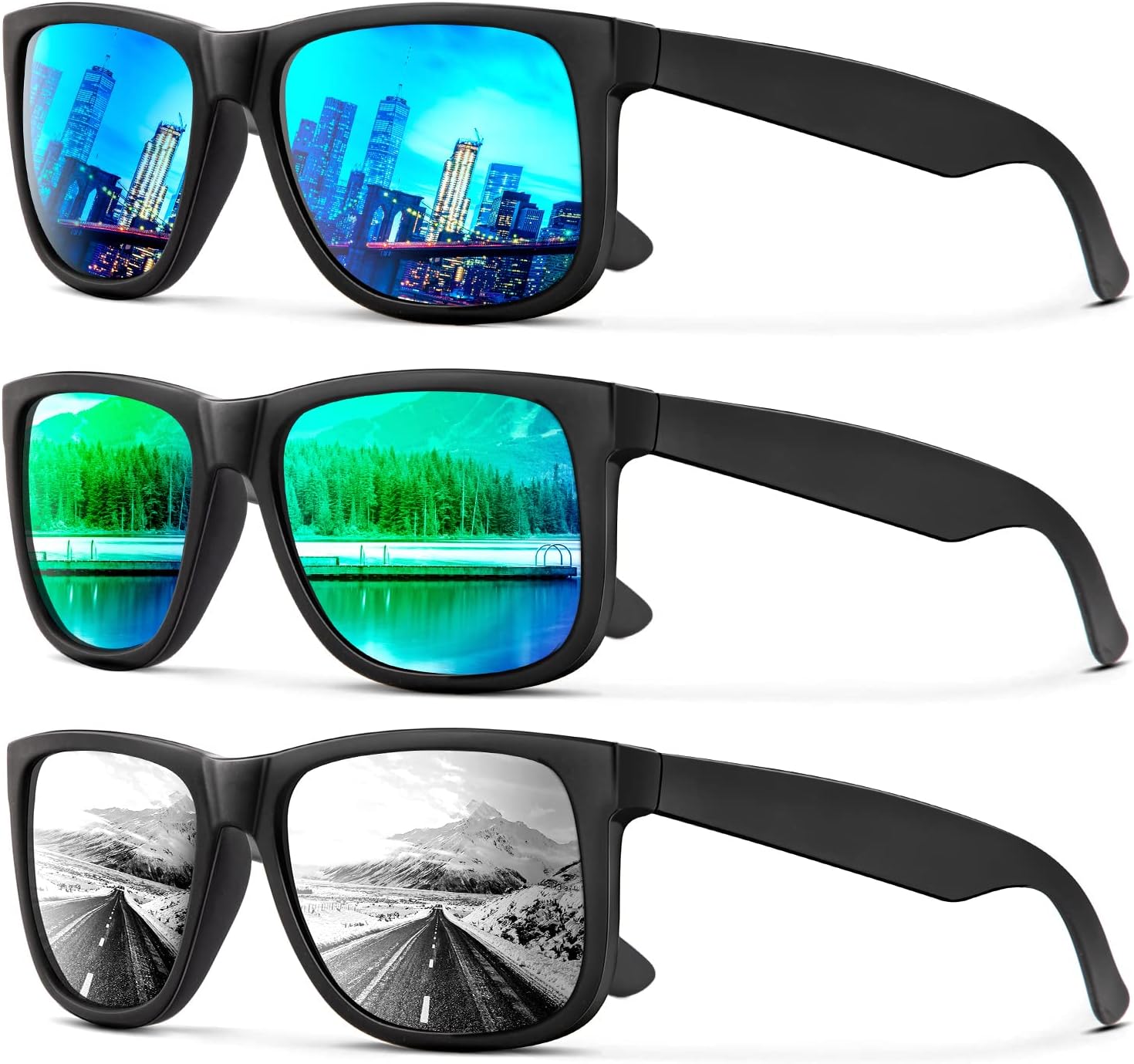 

Солнцезащитные очки KALIYADI для мужчин и женщин, поляризованные, классическая матовая черная оправа, защита от УФ-излучения, комплект из 3 штук, (3 Pack) Ice Blue/Green/Silver