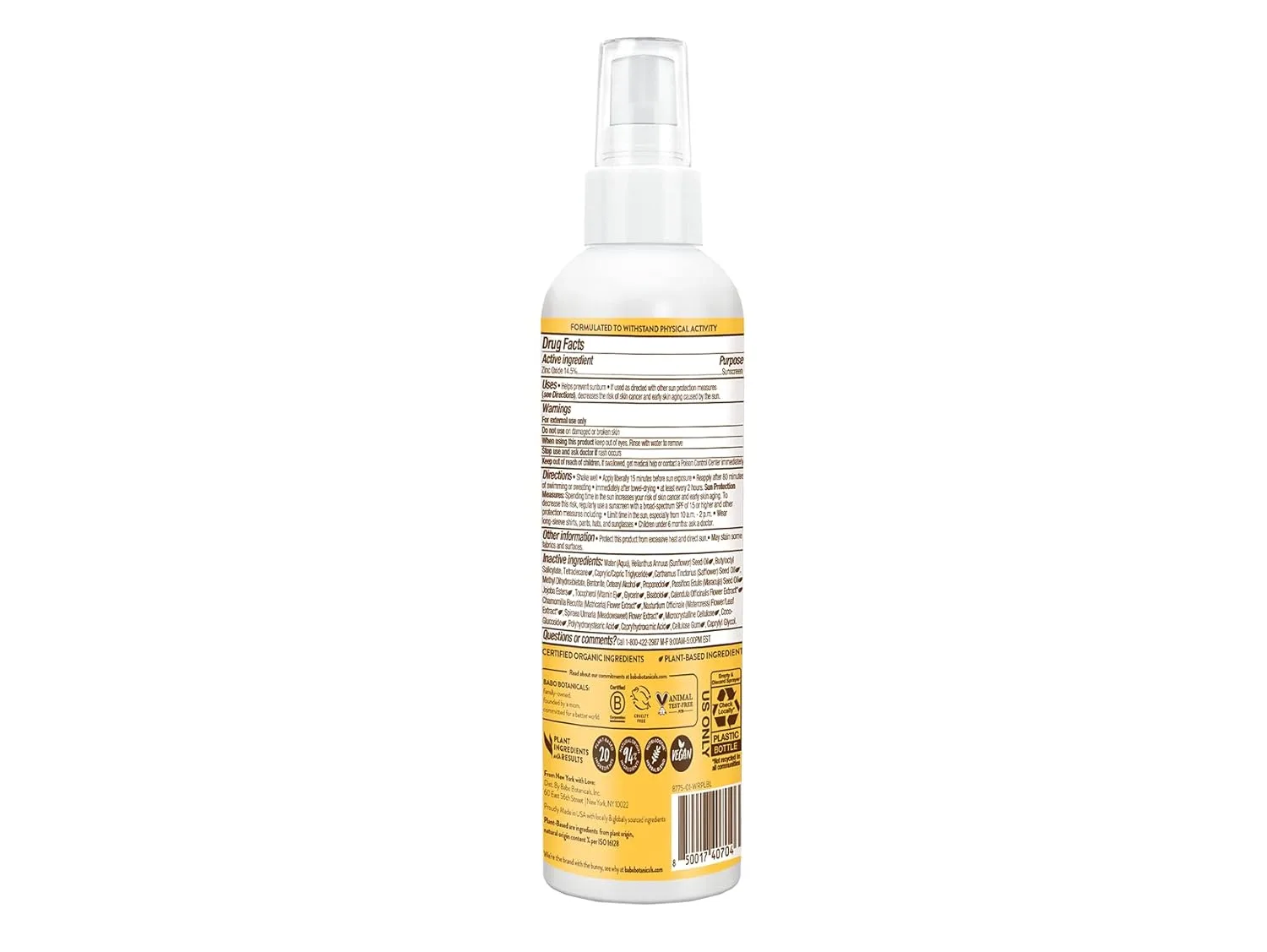 Babo Botanicals минеральный солнцезащитный спрей для плавания и спорта SPF 30 с натуральным оксидом цинка для лица и тела, для всех возрастов, дерматологически протестирован, cruelty-free, без отдушек, водостойкий, Yellow — фото 2