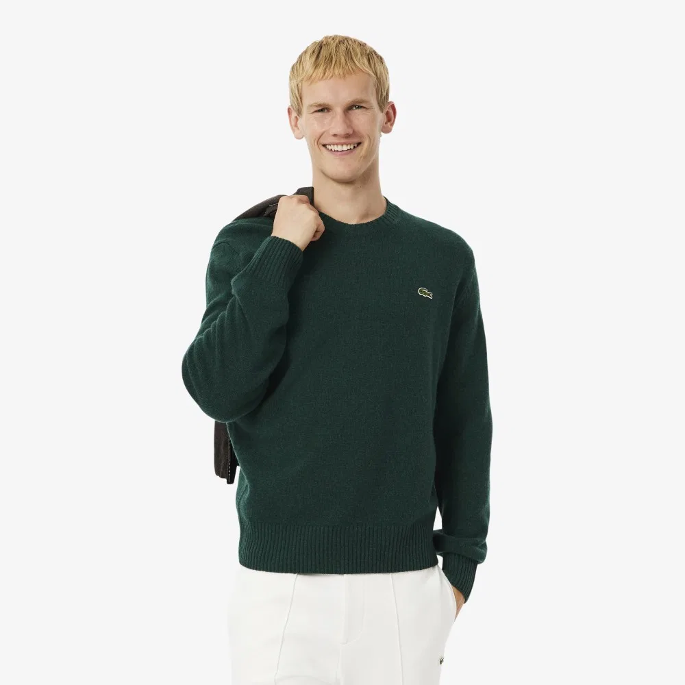 Мужской шерстяной джемпер с круглым вырезом тёмно-зелёный от Lacoste