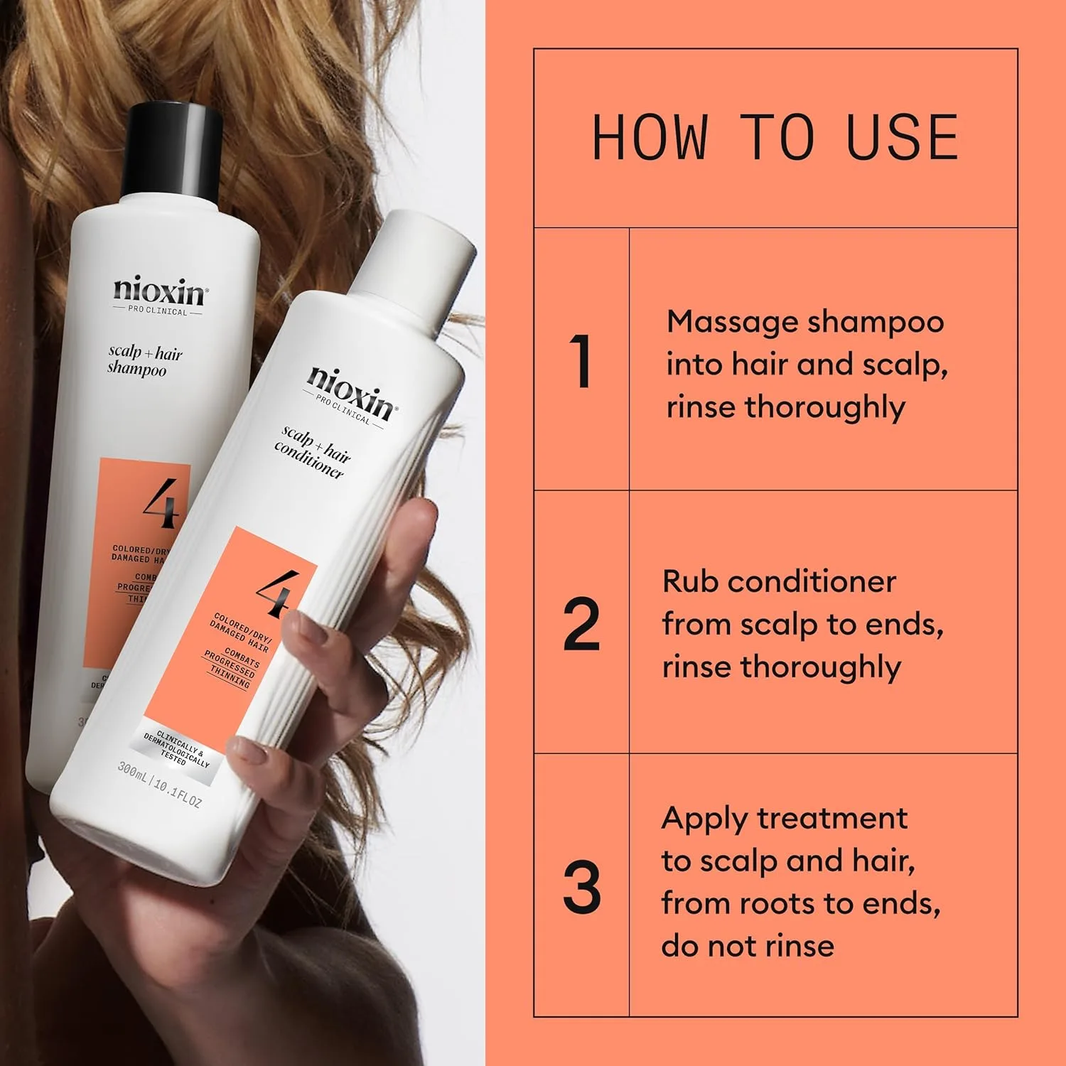 Набор Nioxin Scalp + Hair Thickening System 4 для окрашенных, сухих и поврежденных волос с прогрессирующим истончением: очищение, кондиционирование и уход + сыворотка Fall Defense Intensive Daily Leave-In Treatment — фото 3