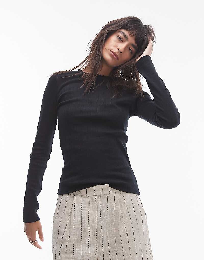 

Черный топ с длинными рукавами и отделкой пико Topshop