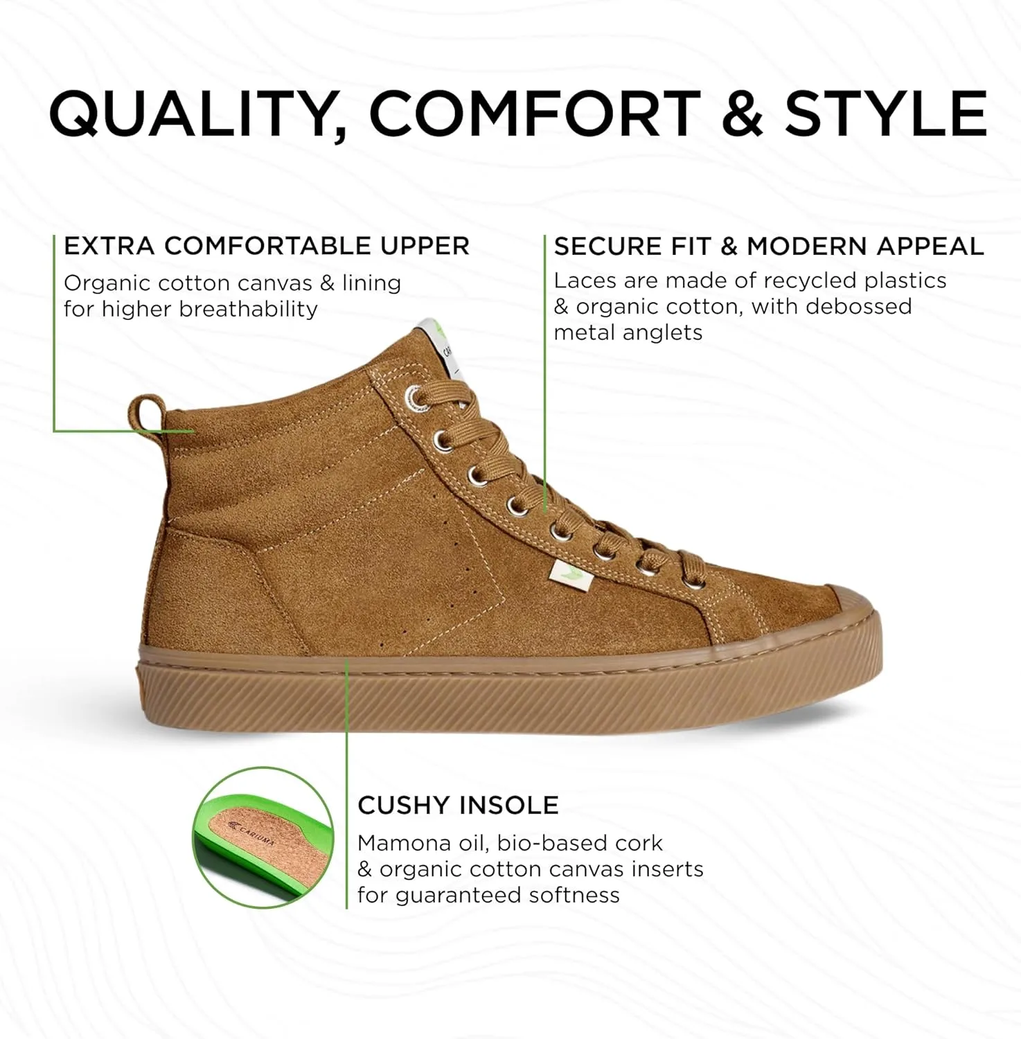 Кроссовки Cariuma OCA High Suede, удобная мужская обувь, легкая и экологичная, универсальная повседневная обувь со 100% веганской стелькой, резиновая подошва, коричневый — фото 2