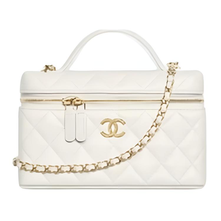 

CHANEL Косметичка из телячьей кожи с кристаллами и золотистой фурнитурой, белая, женская