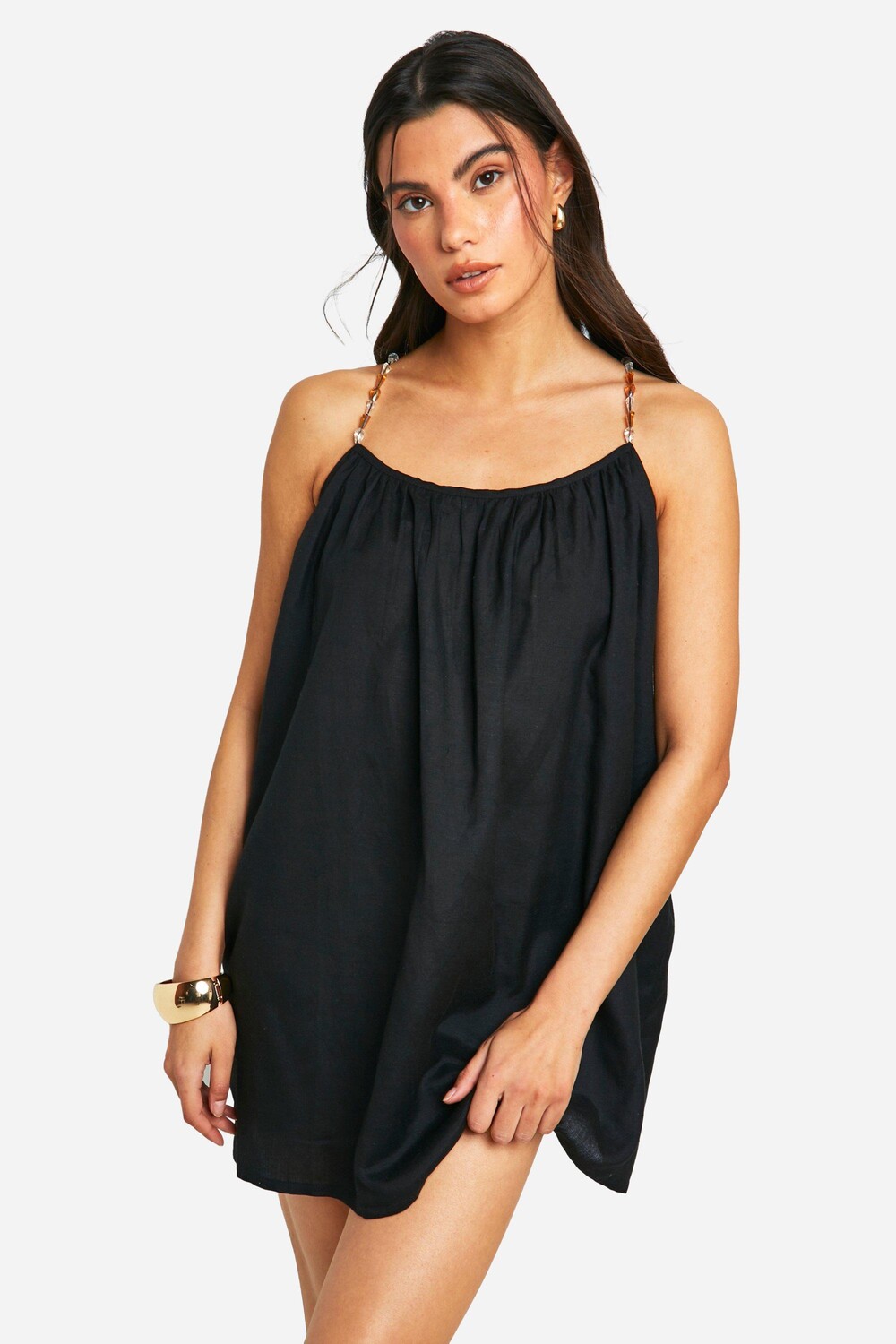 

Льняное мини-платье с бретельками из бисера boohoo, черный
