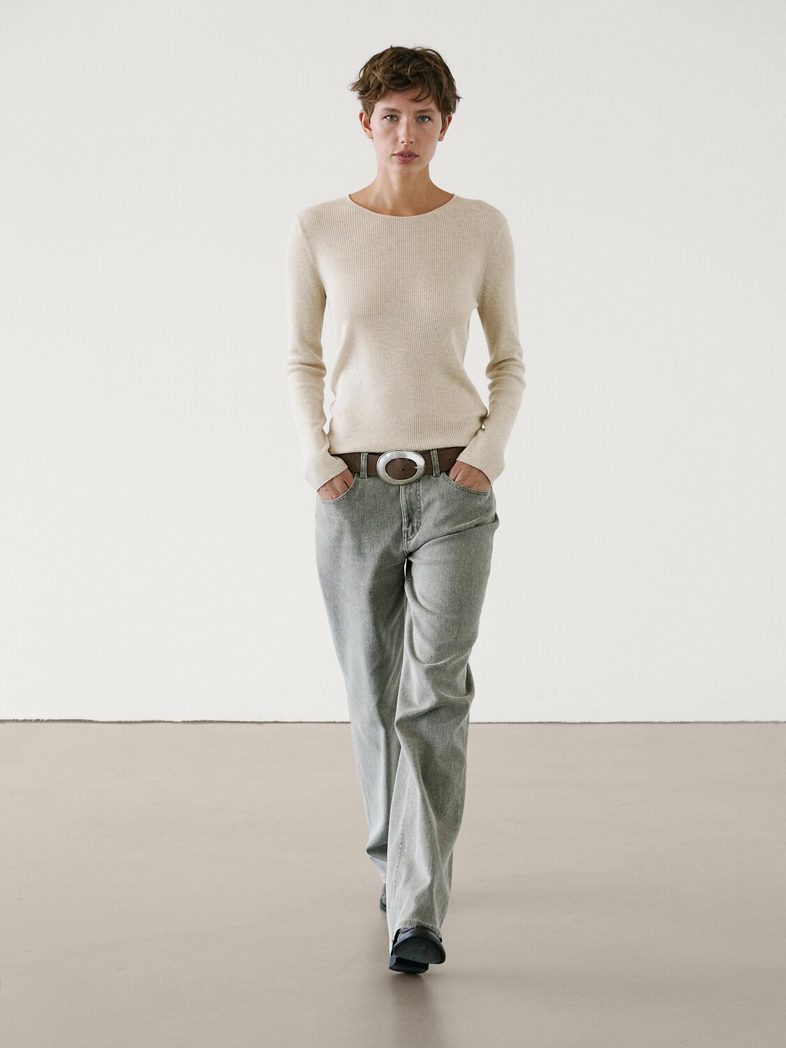 

Шерстяной свитер с ребристым узором Massimo Dutti, бежевый