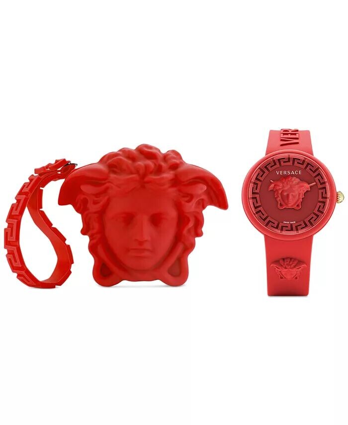 

Женские швейцарские часы Medusa Pop с красным силиконовым ремешком, 39 мм, комплект Versace