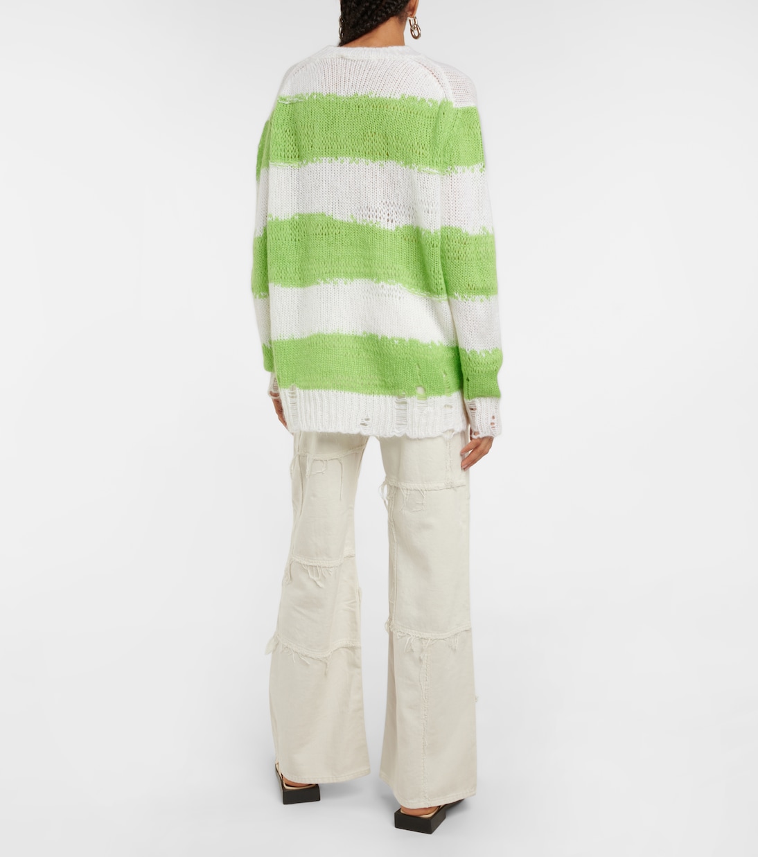 Полосатый потертый свитер Acne Studios, White/Fluo Green — фото 3