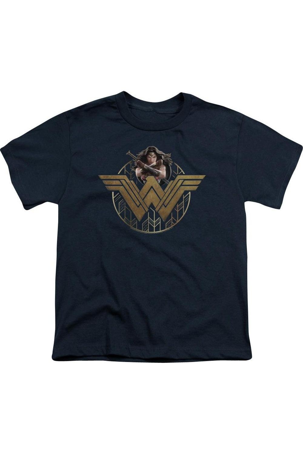 

Футболка с коротким рукавом для детей "Wonder Woman" с мощной стойкой и эмблемой Gildan, темно-синий
