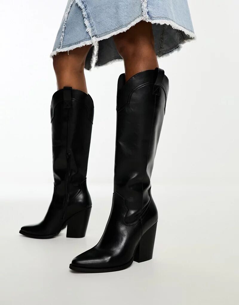 Черные ковбойские сапоги до колена ASOS Claudia