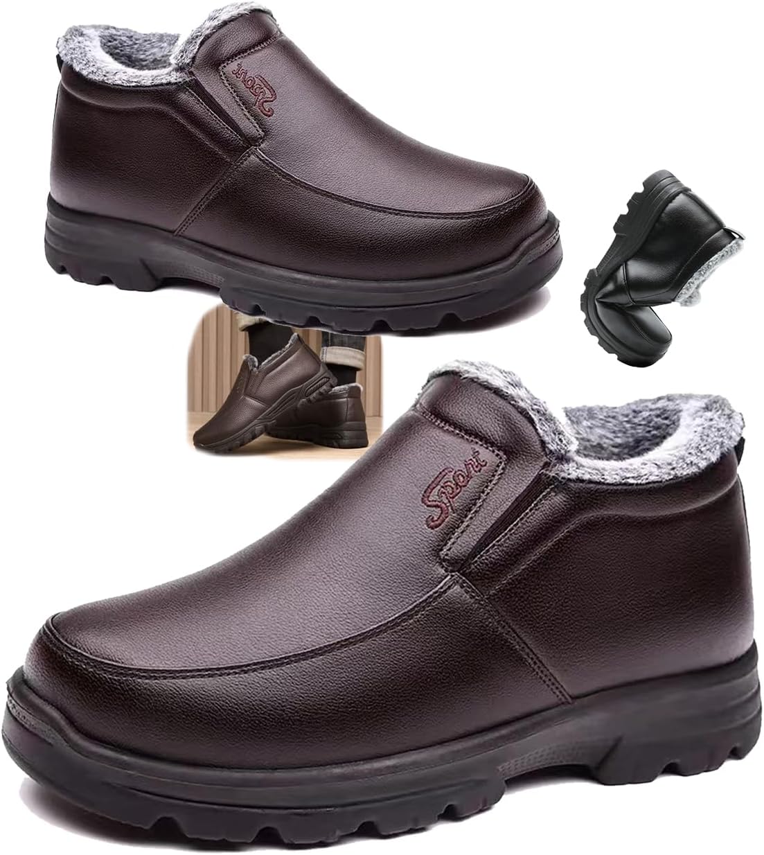 

Мужские зимние низкие сапоги на меху с подкладкой, противоскользящие, водонепроницаемые, для улицы, легкие, повседневные кроссовки-лоферы для ходьбы Generic, коричневый