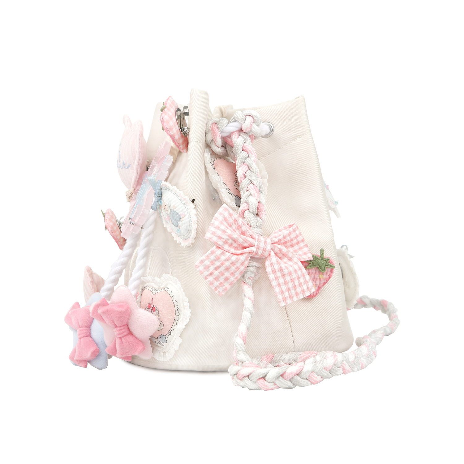 DIOR Кастомная косметичка Jiuli, Xiaostrawberry, модная стильная сумочка-мешок через плечо с завязками, белая — фото 4