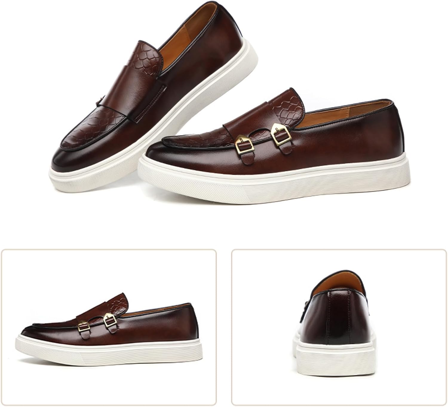 Мужские туфли с двойной пряжкой Monk Strap, повседневные модные классические деловые лакированные кожаные слипоны, лоферы, туфли Penny Loafers Aceptolcom, коричневый — фото 2
