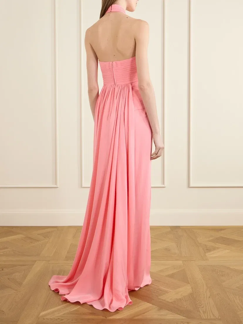 Плиссированное платье-халтер из шелкового жоржета Elie Saab, розовый — фото 3