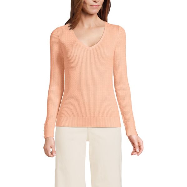 

Женский свитер с V-образным вырезом и тонкой вязкой Lands' End, цвет peach sorbet