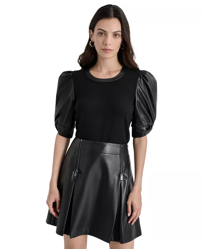 

Женская блузка из искусственной кожи с рукавами-буфами DKNY, черный