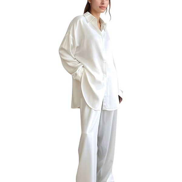 

Женский комплект пижамы из сатина: расслабленная рубашка на пуговицах и брюки с широкими штанинами Anna-Kaci, White
