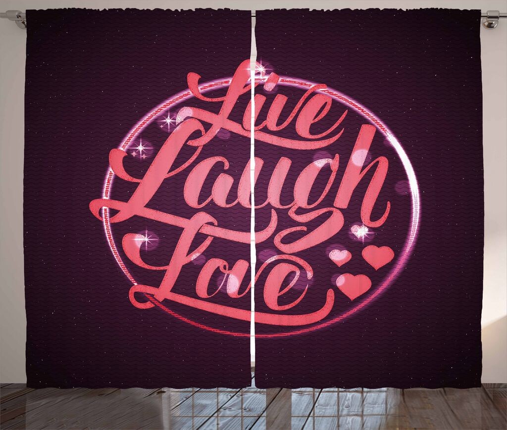 

ABAKUHAUS Live Laugh Love Рустикальная занавеска, Живой круг, Ленточная штора с рюшами и петлями для спальни, 280 x 260 см, Белый кораллово-красный сливовый