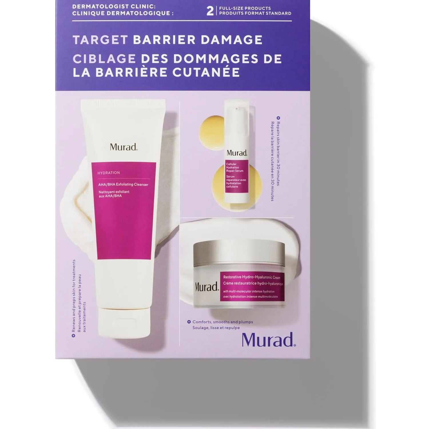 Murad Target Barrier Damage (3 предмета) - очищающее средство AHA/BHA, увлажняющий крем с гиалуроновой кислотой, сыворотка Cellular Hydration для эксфолиации, увлажнения и восстановления кожного барьера
