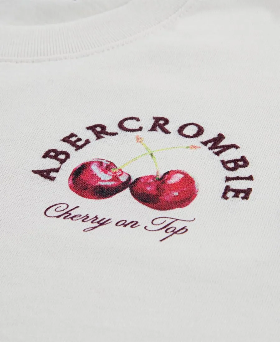Детская свободная футболка с круглым вырезом и вишневым принтом Abercrombie kids, off белый — фото 3