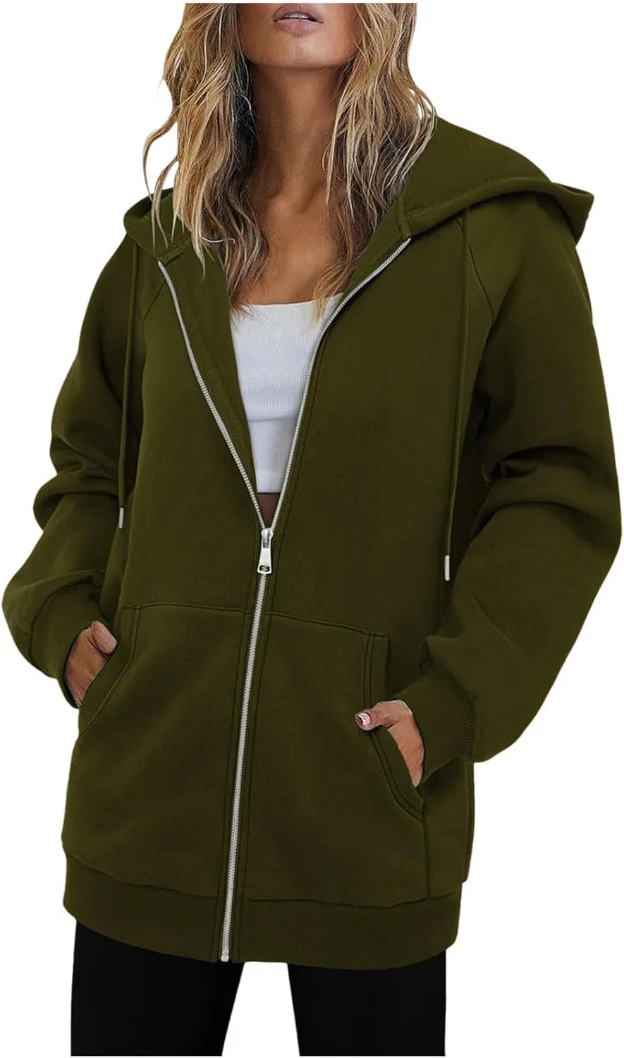 Женская худи с капюшоном, флисовая, на молнии, с карманами, Army Green