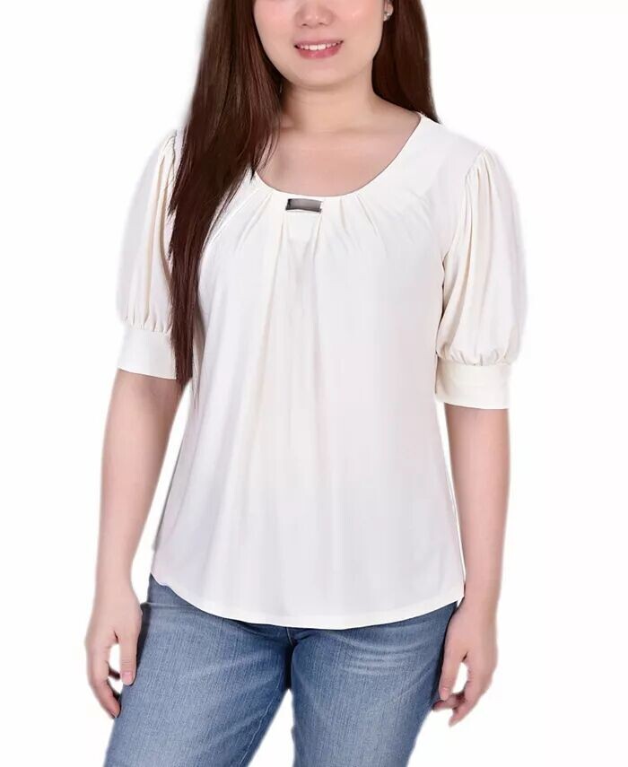 

Топ Petite с короткими рукавами и рукавами-фонариками NY Collection, коричневый