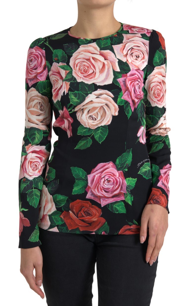

Шелковый топ с цветочным принтом и круглым вырезом Dolce & Gabbana, черный