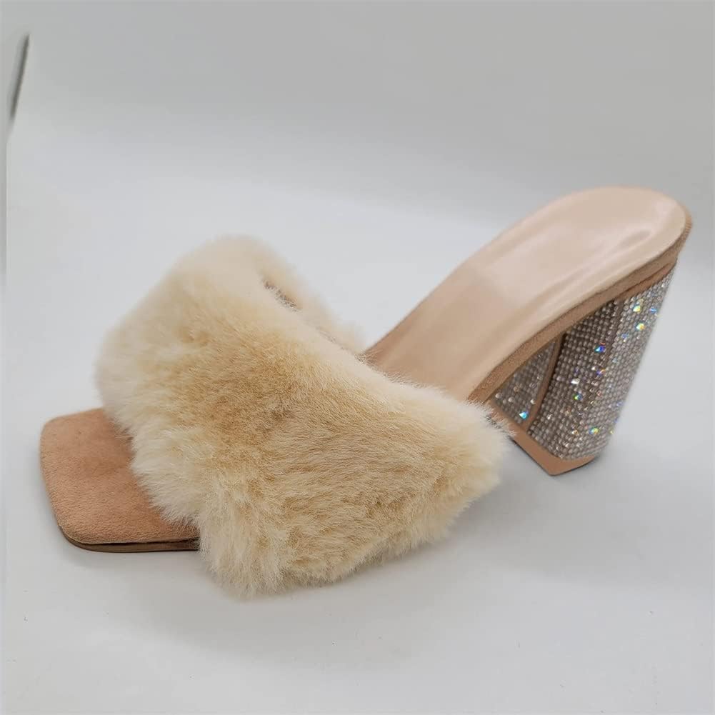 HOTRA Women Fluffy Chunky Heel Slippers with Rhinestone Open Toe Slip On Сандалии Shoes (Color : Rose Red, Size : 12 US), бежевый — фото 4