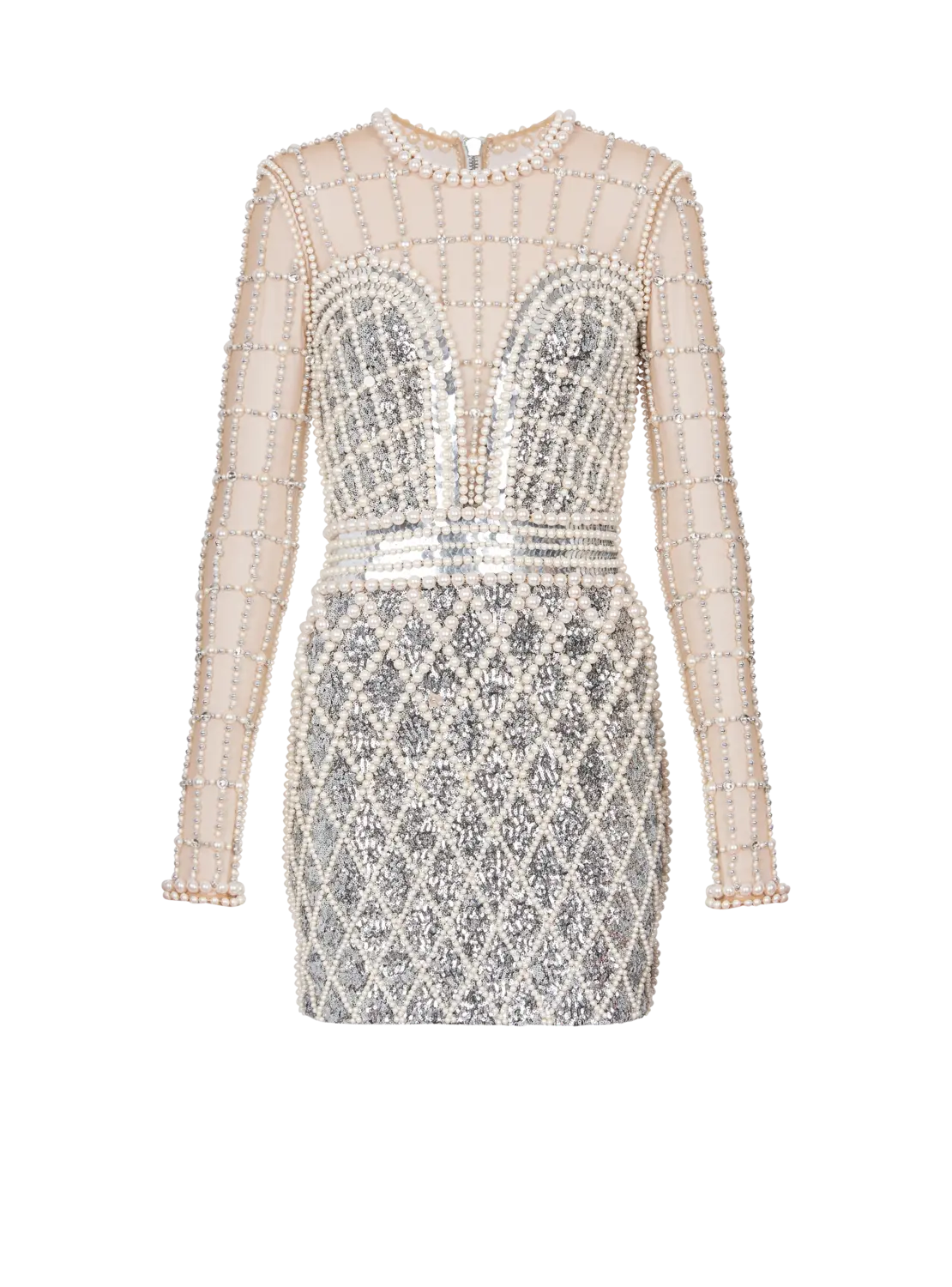 

Короткое расшитое платье Balmain, серебро