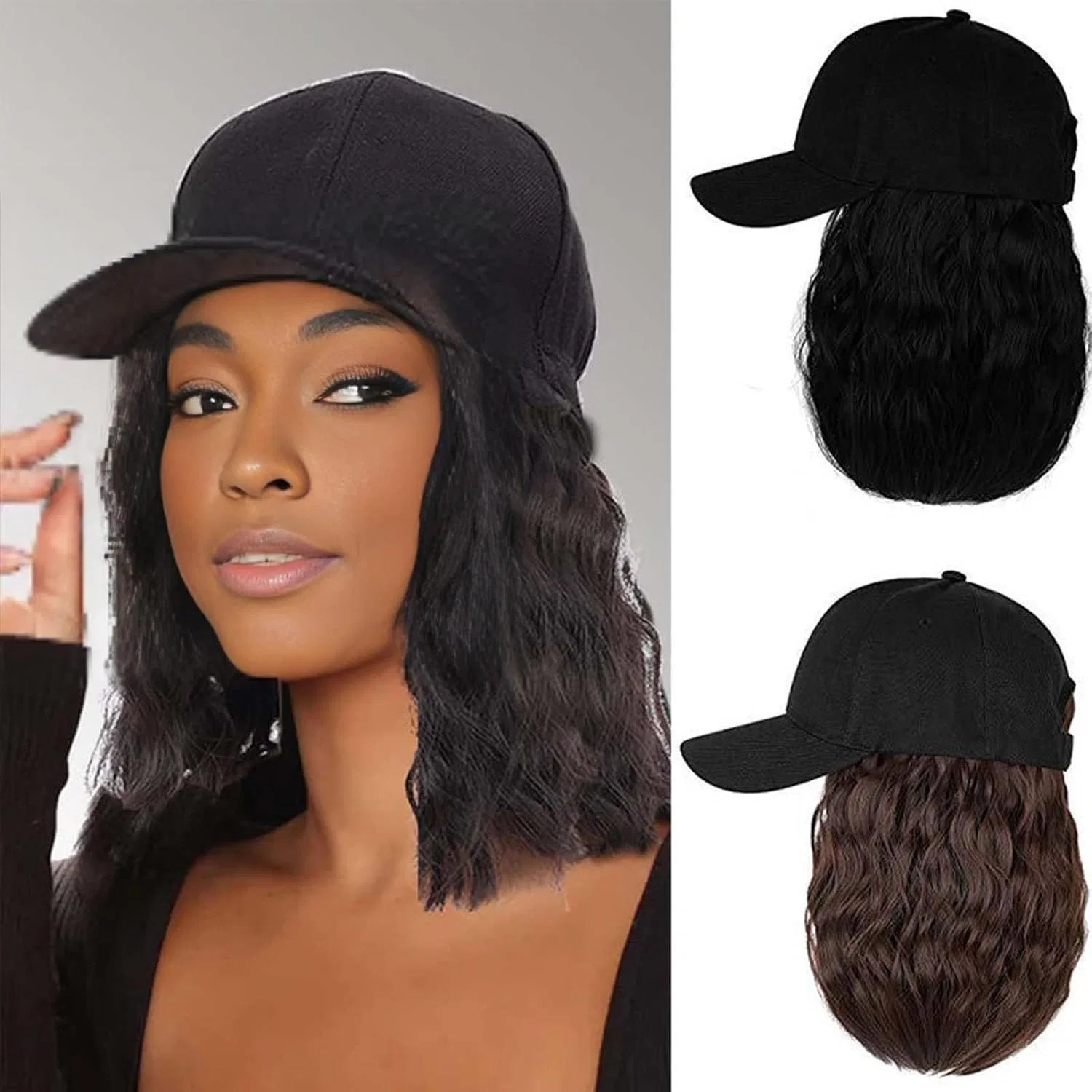 Парик-кепка с короткими волнистыми волосами от YEKEYI Yekeyi, Black Hat Coffee Wig — фото 3