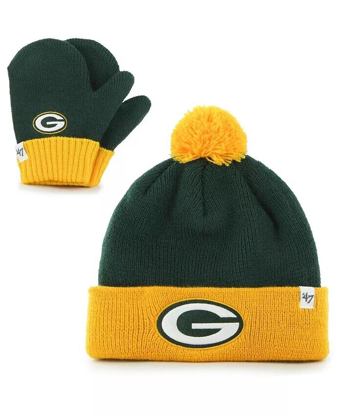 

Младенческая унисекс '47 Зеленый, золотой Green Bay Packers Bam Bam Вязаная шапка с манжетами, комплект с помпоном и варежками '47 Brand