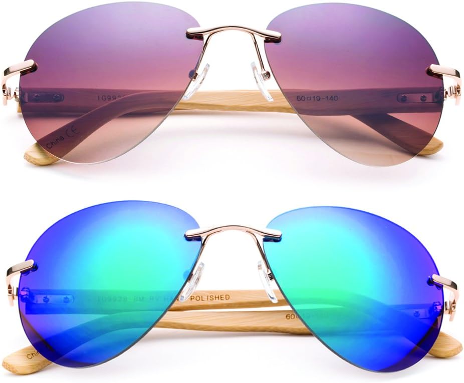 

Newbee Fashion - Солнцезащитные очки-авиаторы с бамбуковыми дужками, увеличенной оправой и линзами-вспышками. Бамбуковые солнцезащитные очки для мужчин и женщин, 2 Pack - Brown & Gold Flash