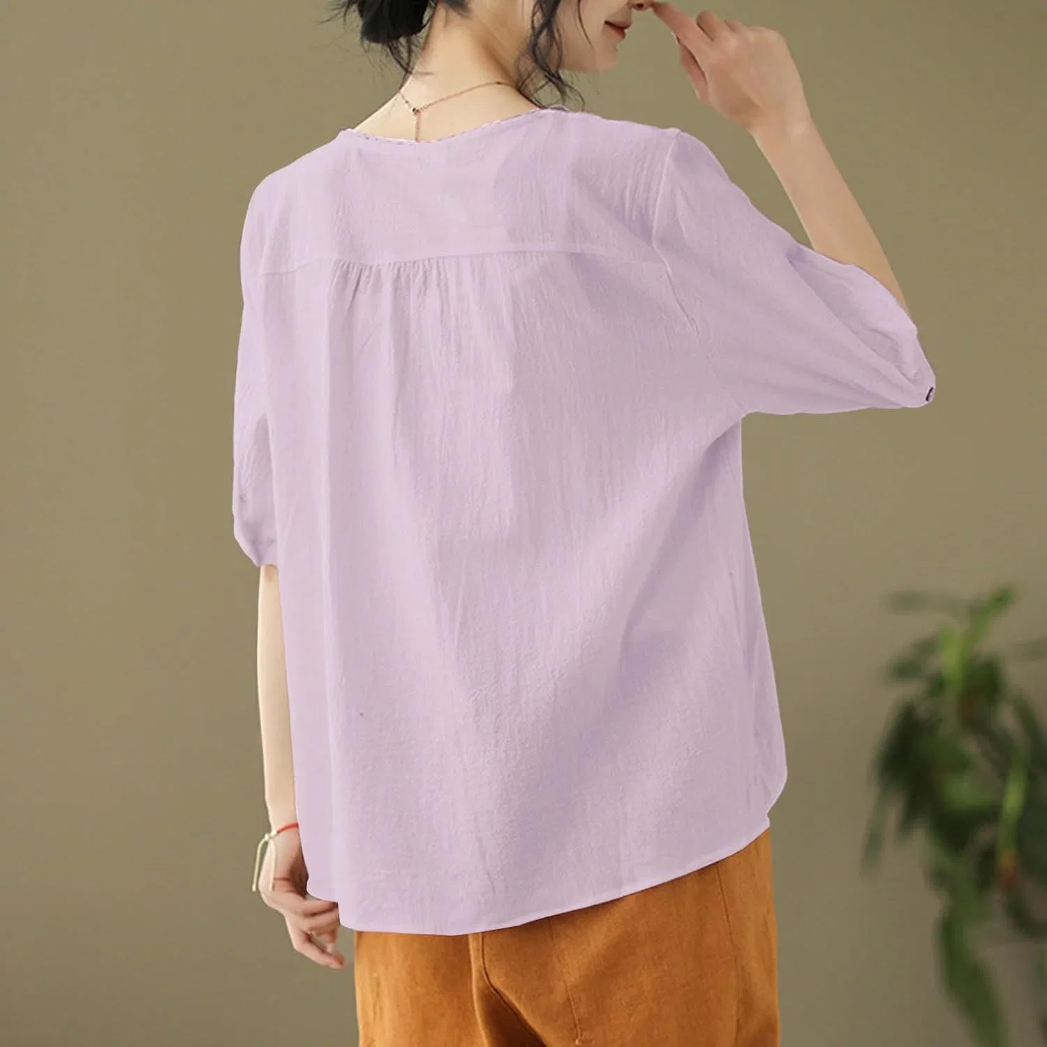 Футболка из хлопка и льна, женская, Oversize, розовый — фото 3
