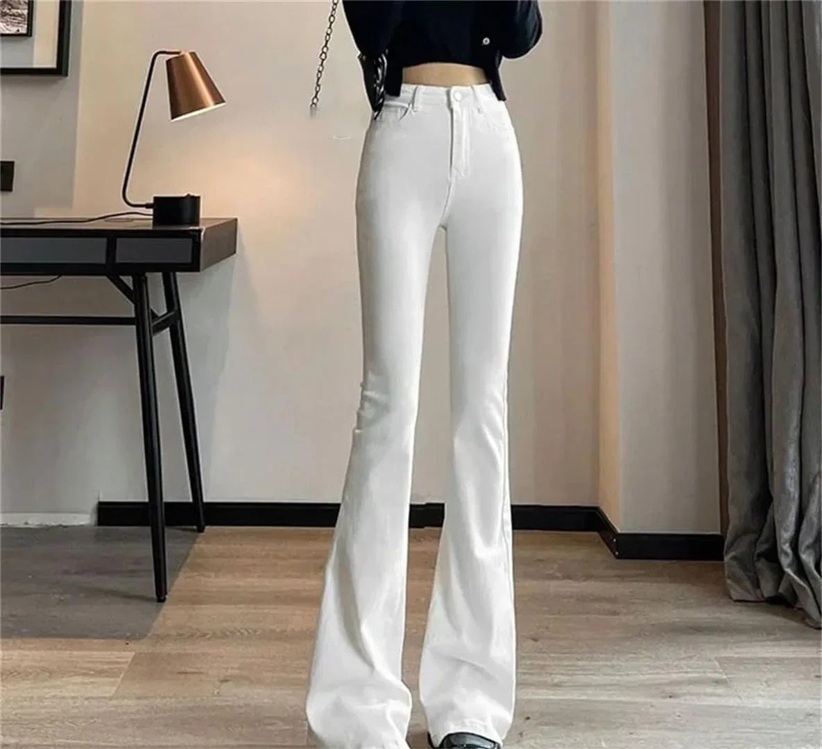 Джинсы клеш белые, Women's High Waist White Denim Flared Cotton Jeans Slim Fit Wide Leg Bell Bottom Pants, White Lengthen — фото 3
